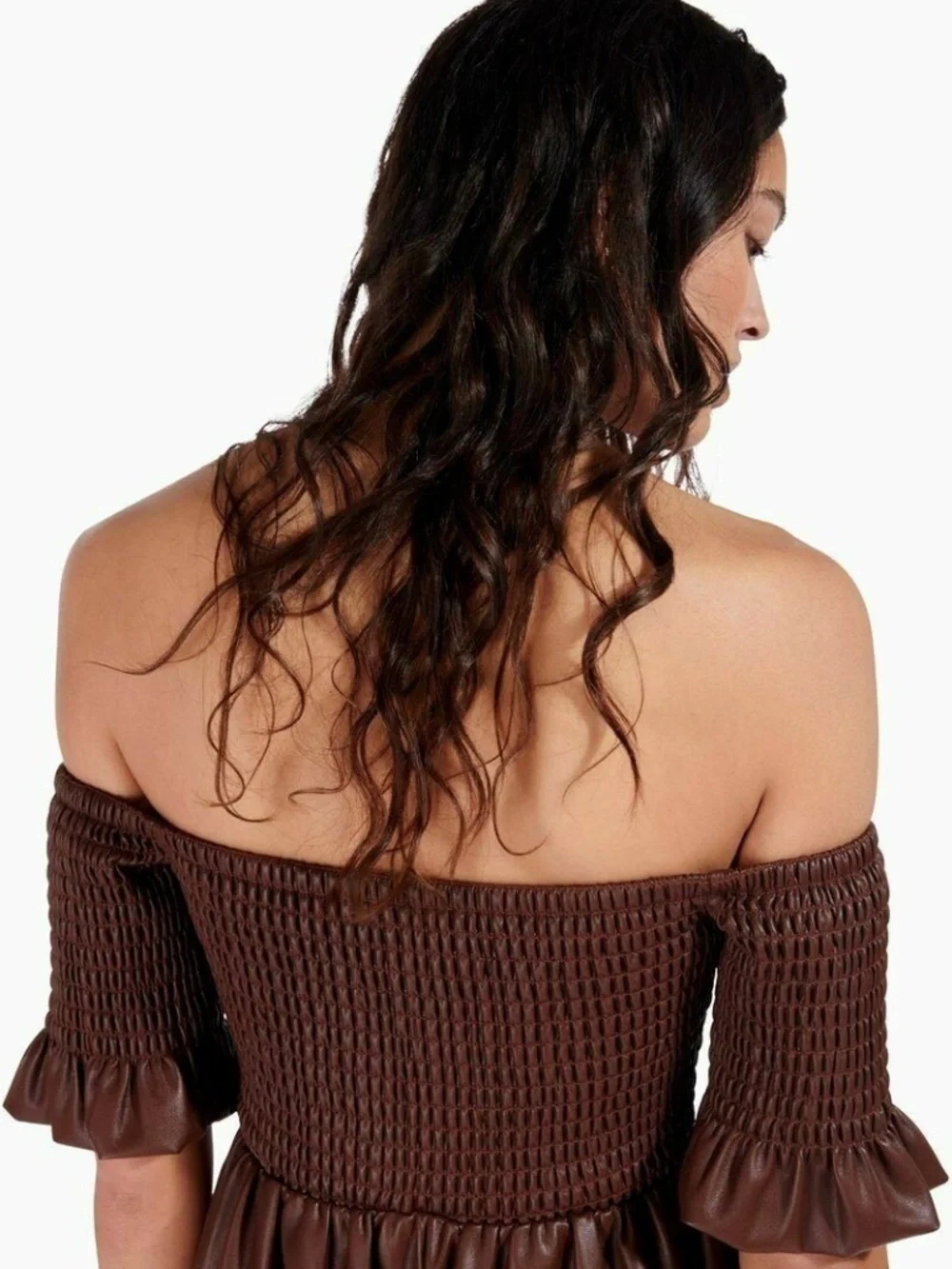 STAUD | Mae Off-The-Shoulder Vegan Leather Maxi Dress in Bark | Size XS